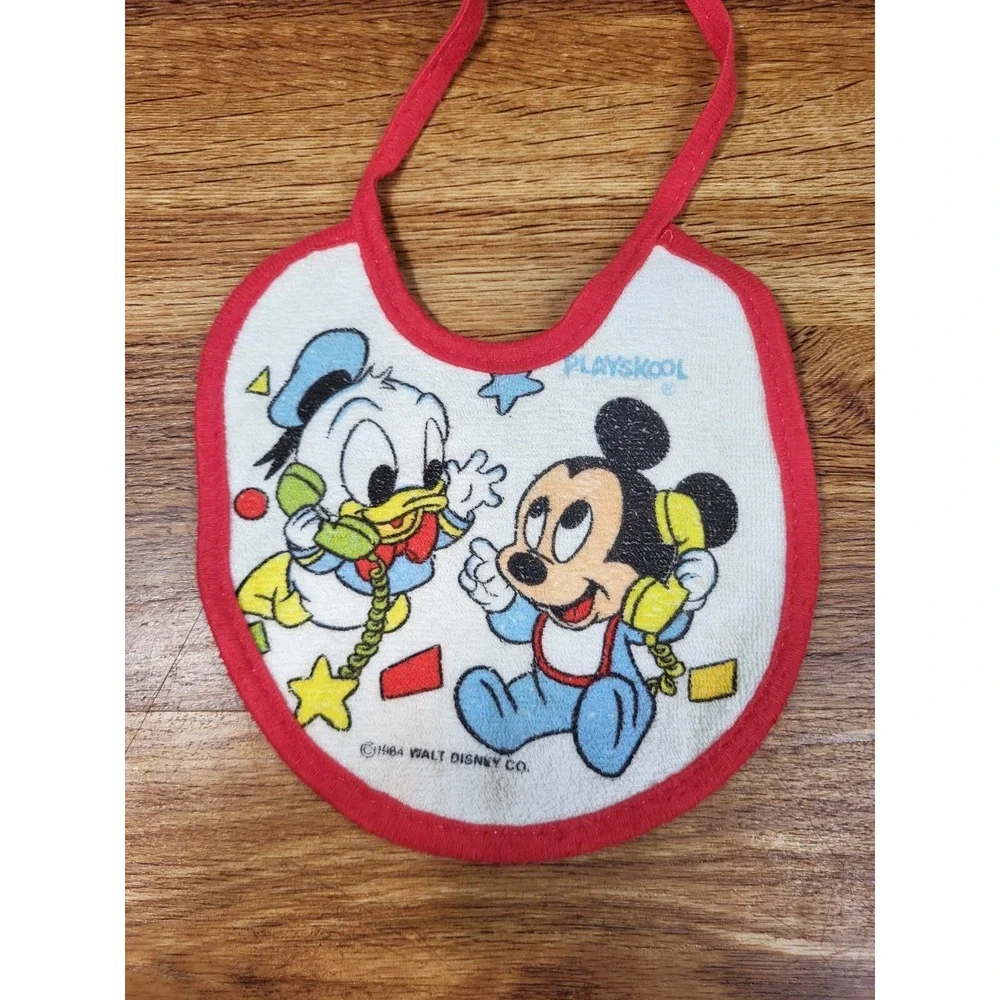 1984 Playskool Disney Babies MICKEY MOUSE & DONALD DUCK Baby‎ Bib Vintage